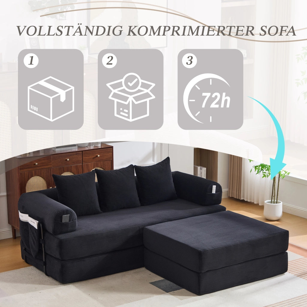 DIVANO modulare in velluto a coste 200x190x67 cm nero con 3 cuscini e pouf