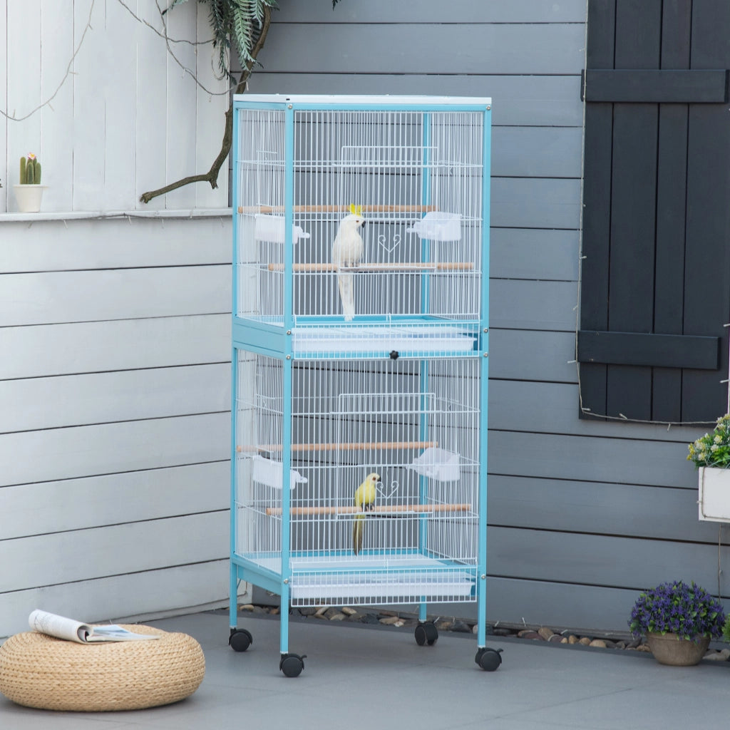 Gabbia per Uccelli 2 Livelli con Ruote ¨C Minimal ¨C Blu 51.5x50x140 cm