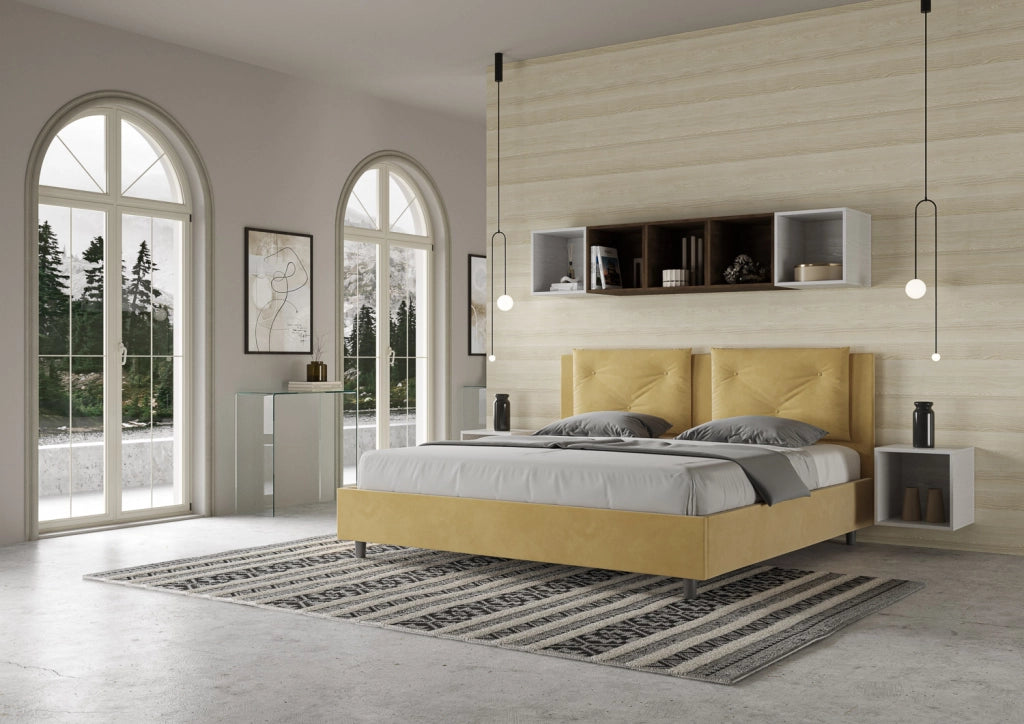 BS COM Letto matrimoniale king size contenitore imbottito 170x200 microfibra ocra