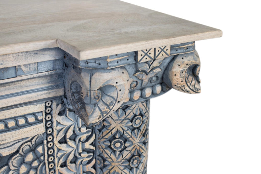 Consolle in legno di mango con colonne intagliate a mano