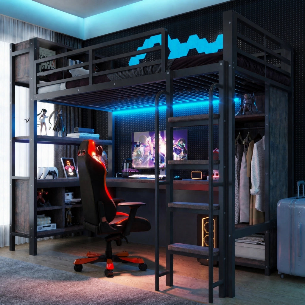 LETTO a soppalco 90x200 cm con scrivania, armadio, ripiani, LED, nero