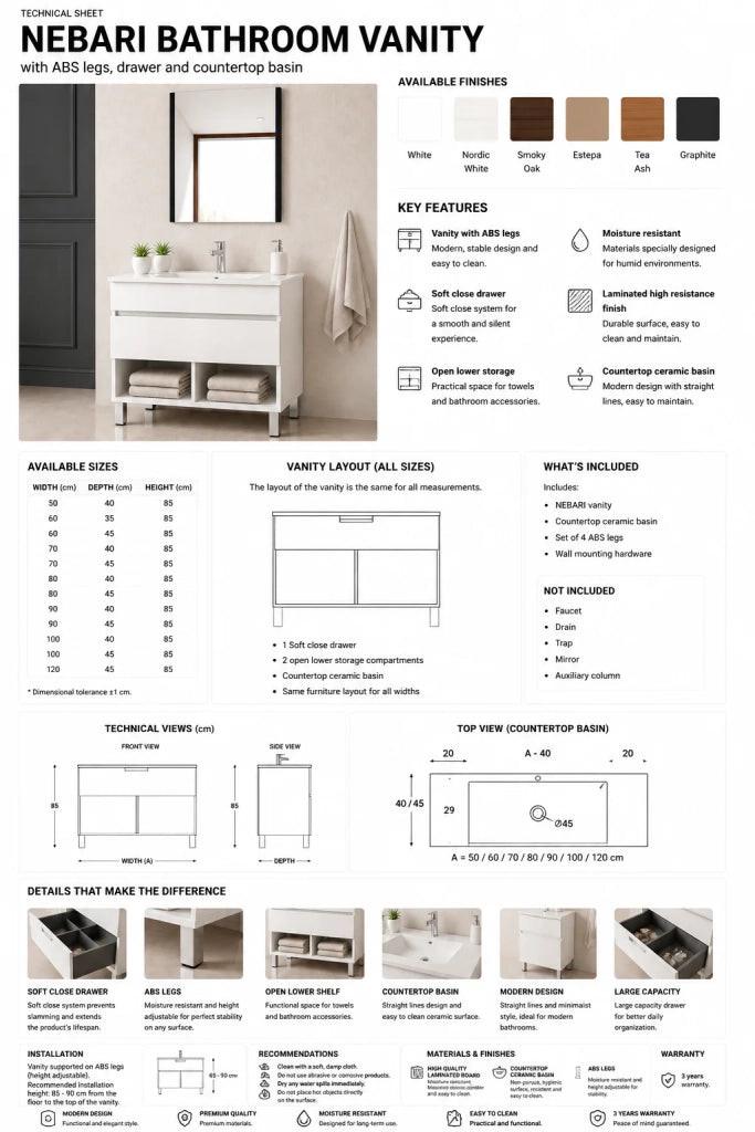 Mobile bagno con piedini con lavabo extrapiano ORIGENBATH NEBARI senza specchio 80x45 cm bianco nordico