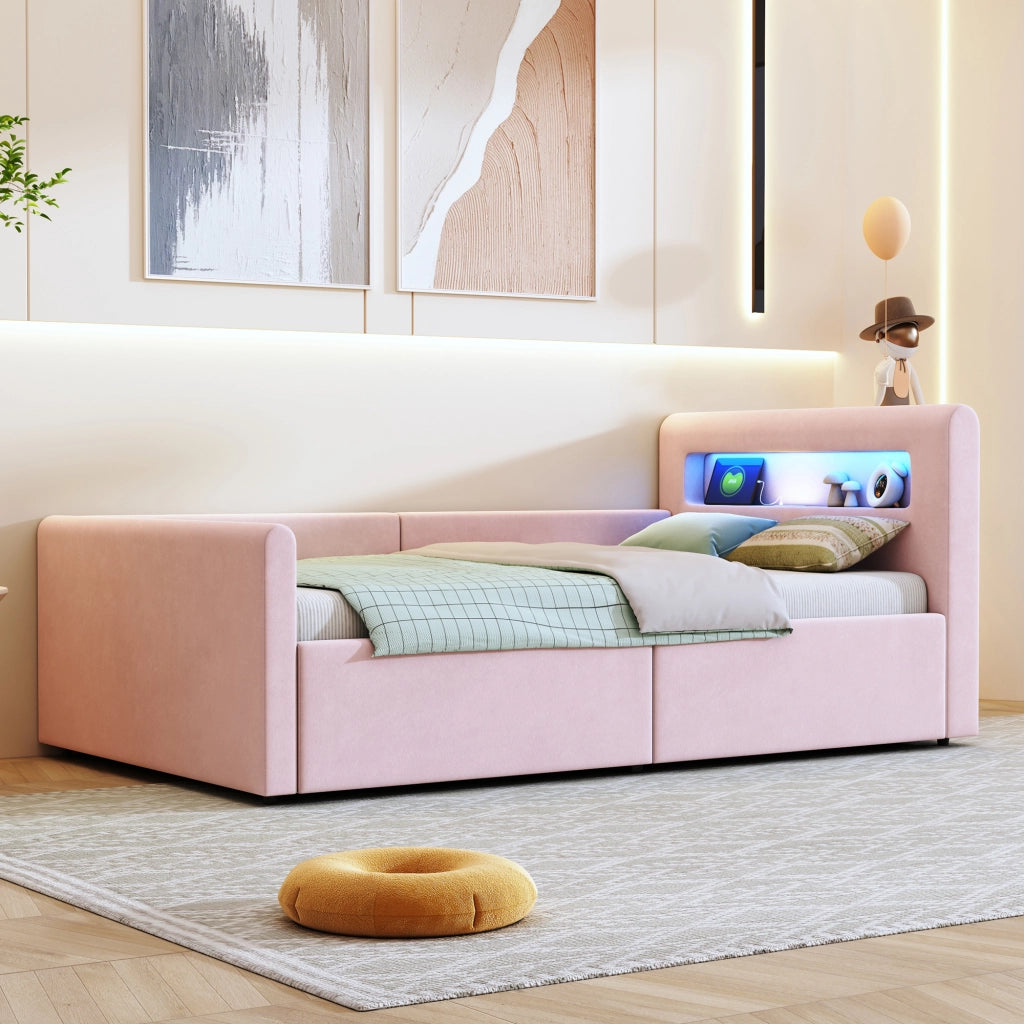 LETTO imbottito bambini 90x200 cm in velluto rosa con LED, USB e contenitore