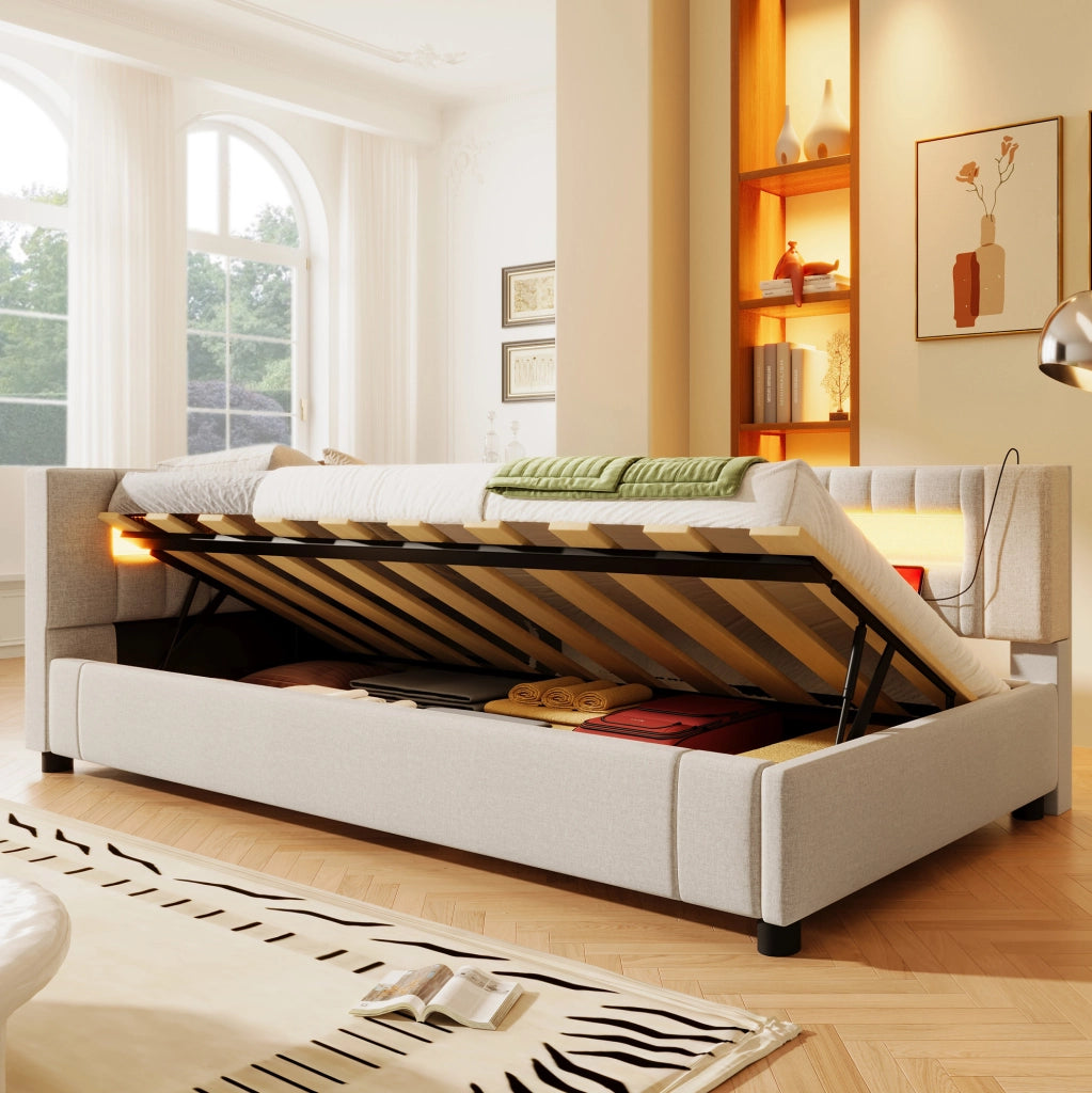 Letto daybed 90x200 cm con LED, contenitore idraulico e porte USB