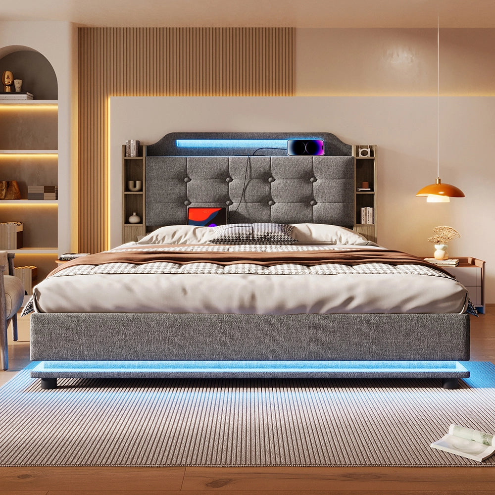 Letto-Xylo-140x200 cm-LED, USB-C, scomparti, lino grigio