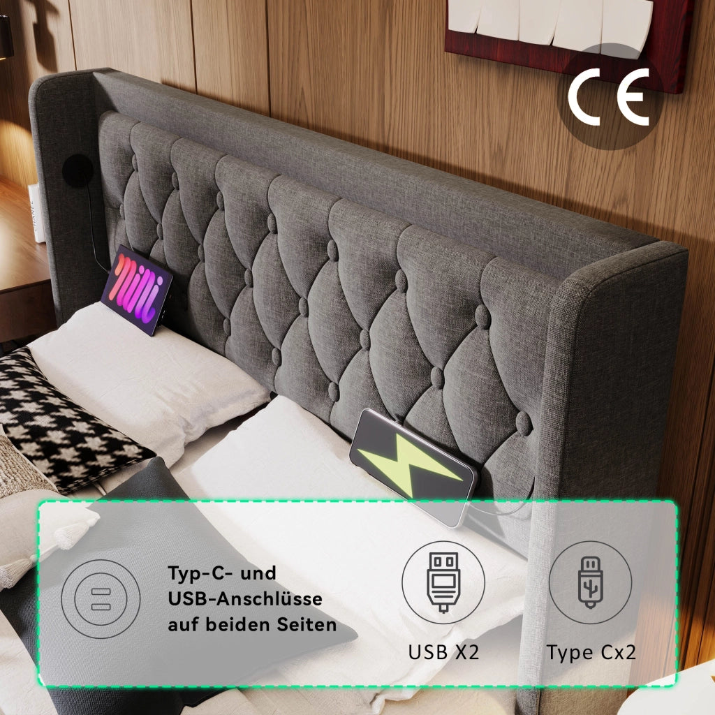 LETTO Contenitore 160x200 cm Grigio Cotone con USB Type-C e LED 3 lati