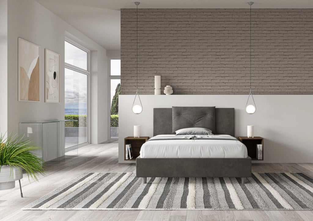 BS COM Letto matrimoniale francese senza rete imbottito 140x190 microfibra grigio
