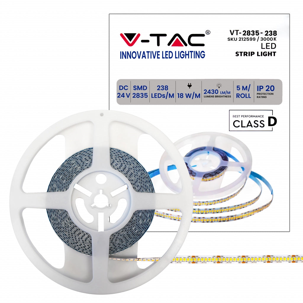 Striscia Strip LED SMD2835 18W/m 5m 238 LED/m 135LM/W 24V 3000K IP20 10mm