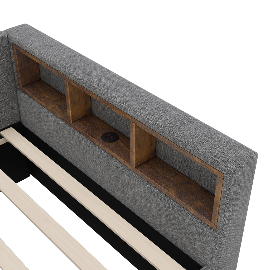 Letto con letto estraibile 90 × 200 cm con vani portaoggetti USB e Type-C luce LED in lino e MDF grigio