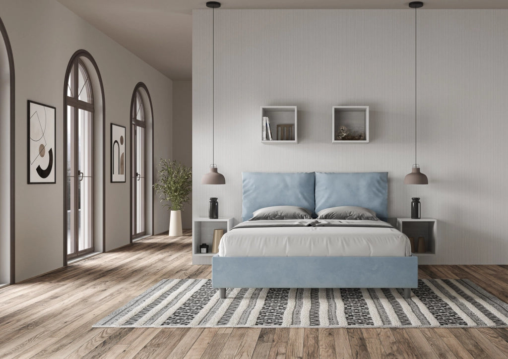 BS COM Letto matrimoniale contenitore imbottito 160x200 microfibra azzurro