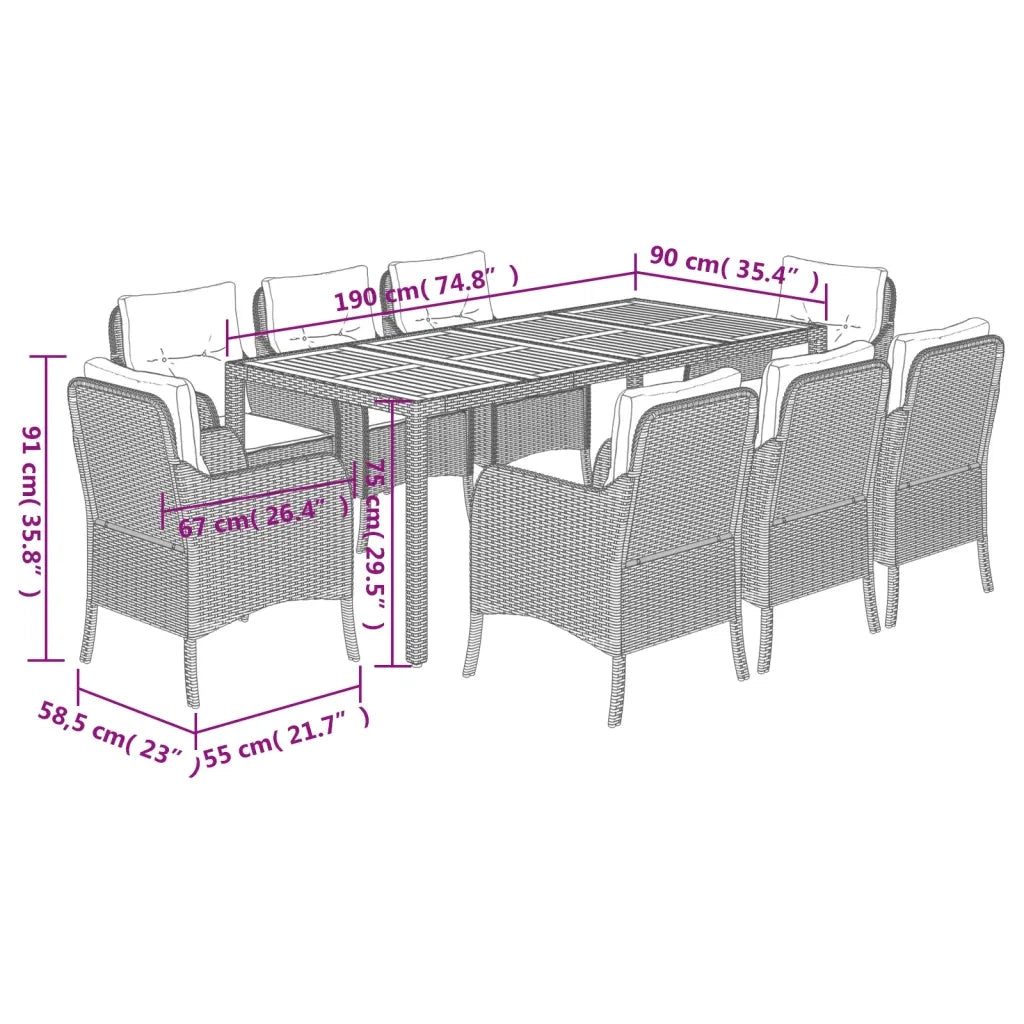 Set da Pranzo da Giardino 9 pz con Cuscini Nero in Polyrattan 3211871