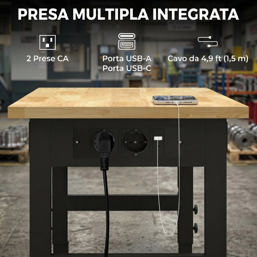 Banco da Lavoro Regolabile ¨C Xylo ¨C Legno e Acciaio, 2 Prese AC, 900 kg