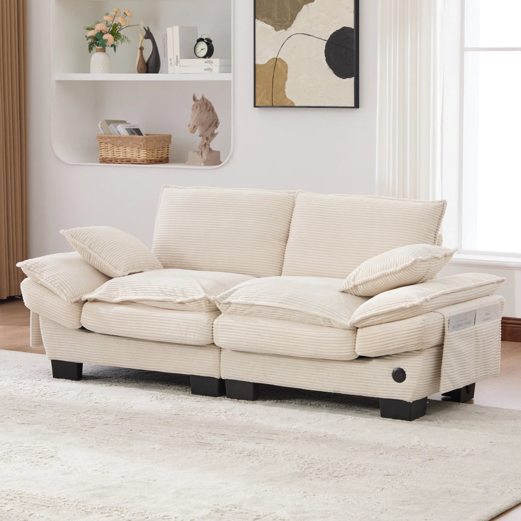 Divano Modulare 2 Posti con Cuscini ¨C MINIMAL ¨C Tessuto a Coste, Beige