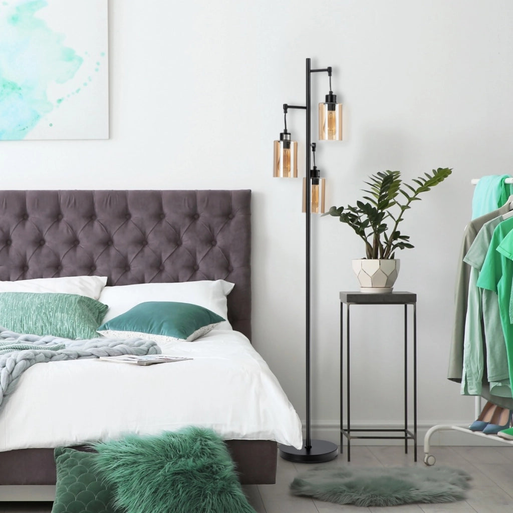 Lampada da lettura retr¨° con paralume in vetro ambrato a 3 teste sospese, Lampada da terra per soggiorno da letto Nero-Lampade