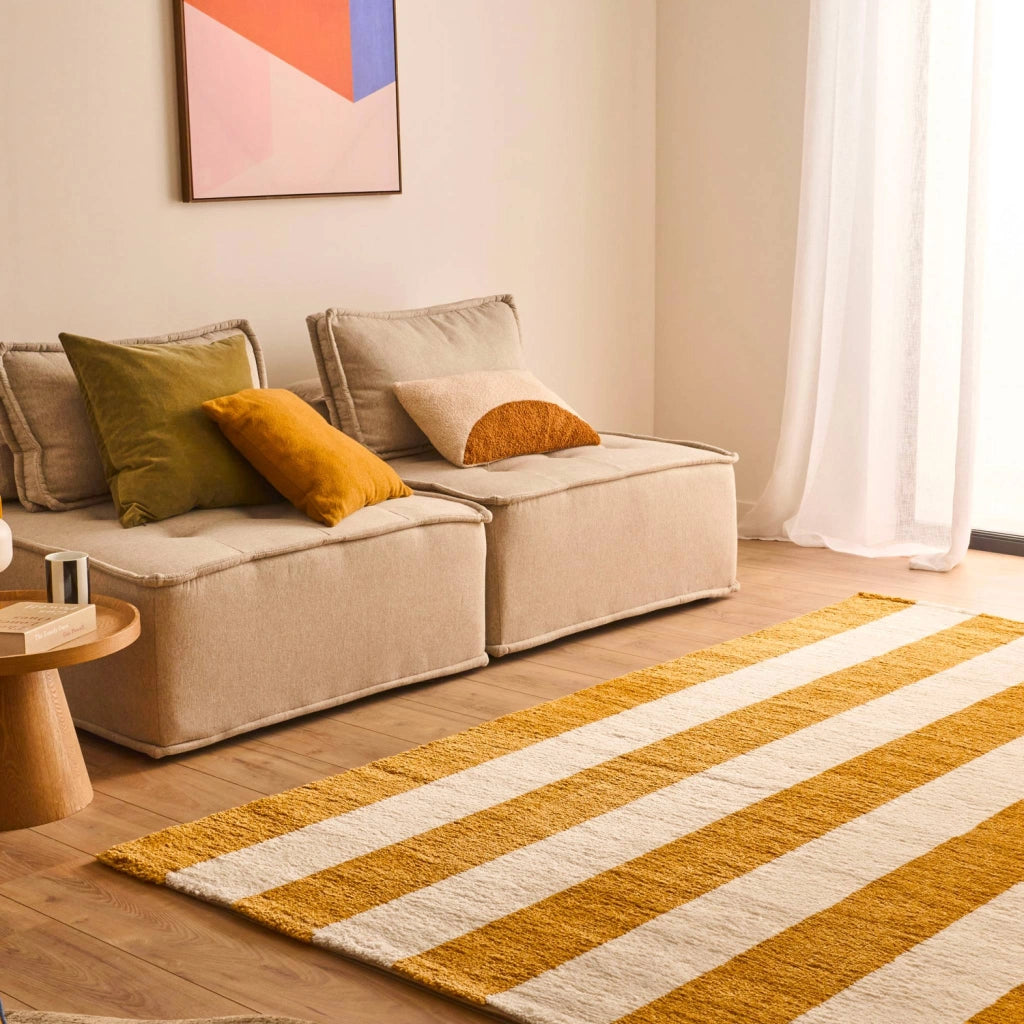 Tappeto da interno a righe ocra e bianco