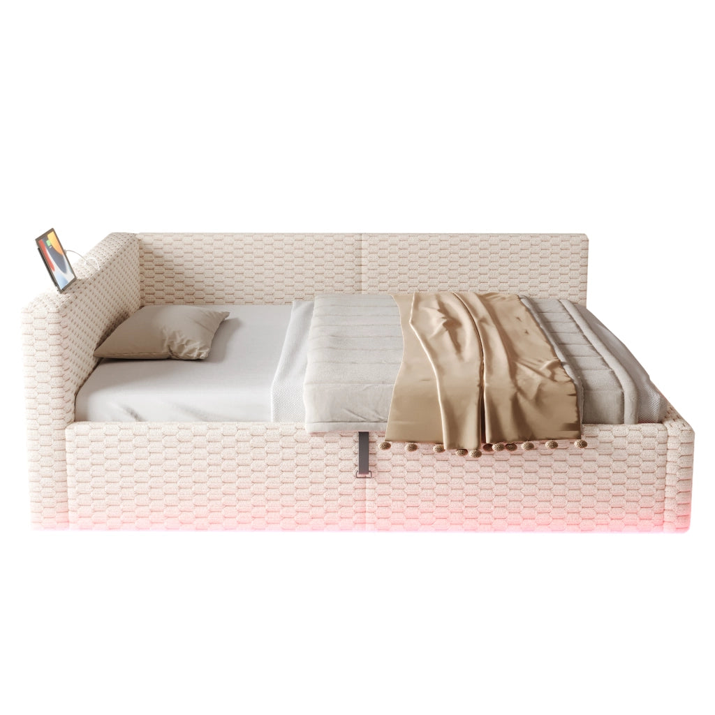 Letto Imbottito 140x200 con LED e USB ¨C MINIMAL ¨C Velluto Beige, Idraulico