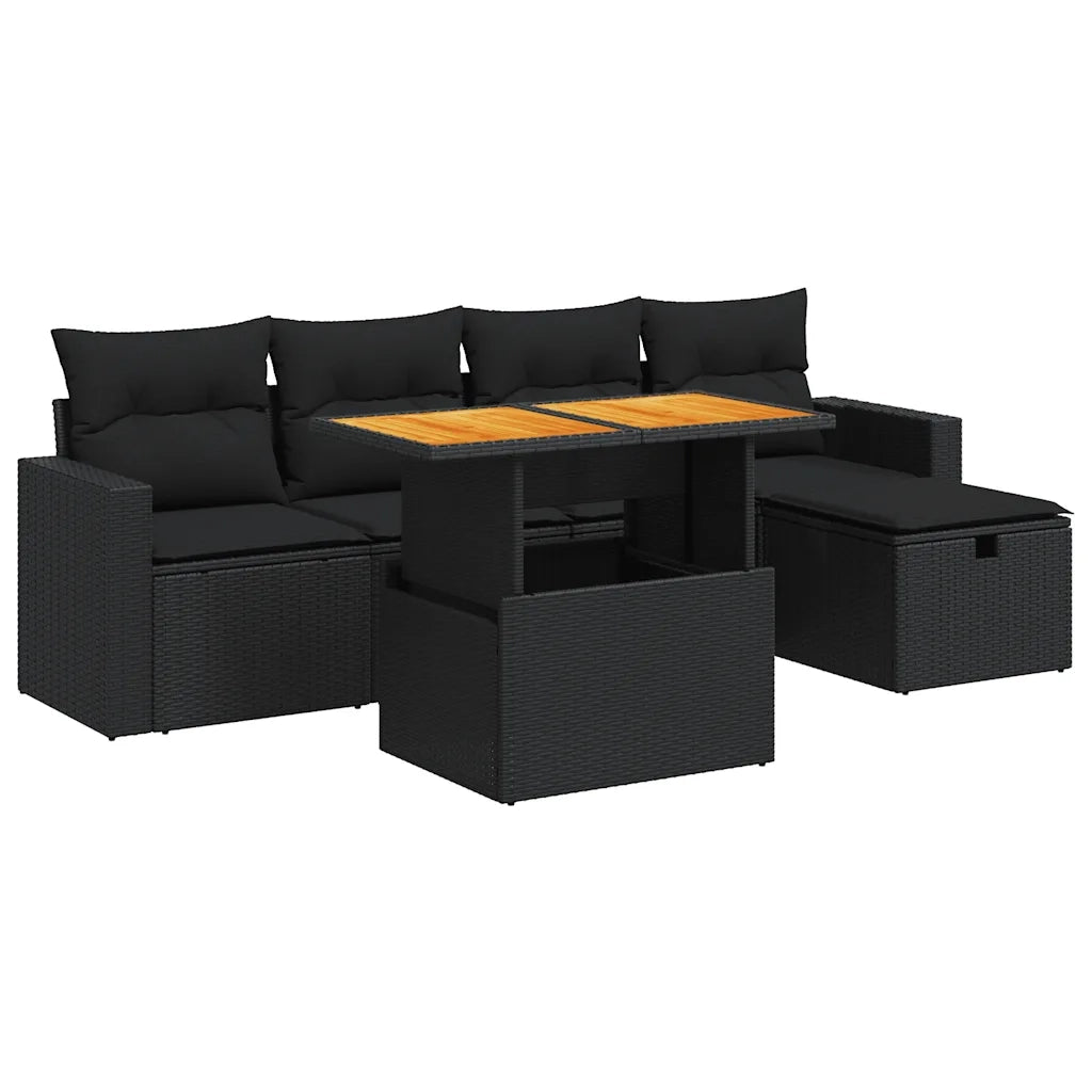 Set Divano da Giardino 6 pz con Cuscini Nero Polyrattan Acacia 3327993