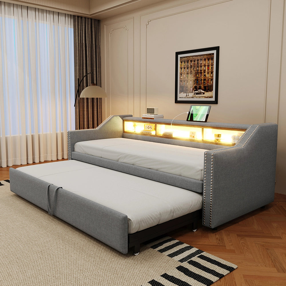 Divano letto - Xylo - 90/180x190 cm LED USB grigio chiaro