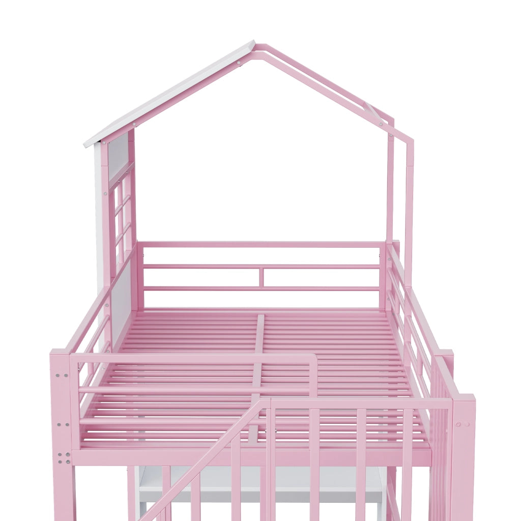 Letto a soppalco 90 × 200 cm con scala contenitore reversibile e scaffale, senza materasso, per bambini, rosa