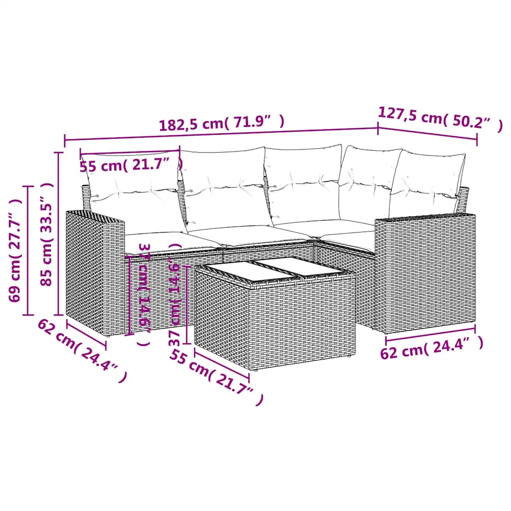 Set Divano da Giardino 5 pz con Cuscini Marrone in Polyrattan 3251260