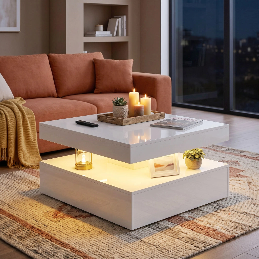 Tavolino da caff¨¨ con LED e cassetto ¨C Xylo ¨C bianco lucido con telecomando