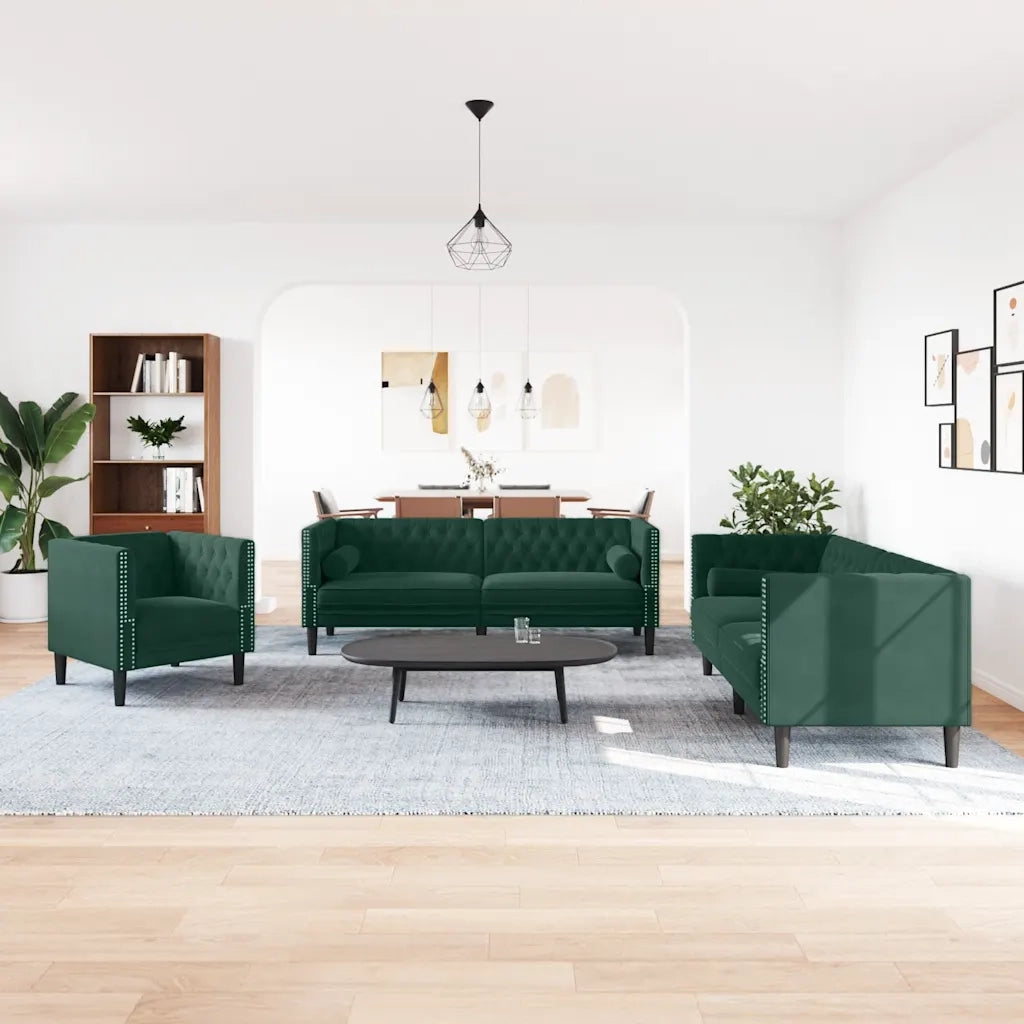 Set Divani Chesterfield 3pz con Cuscini Verde Scuro Velluto