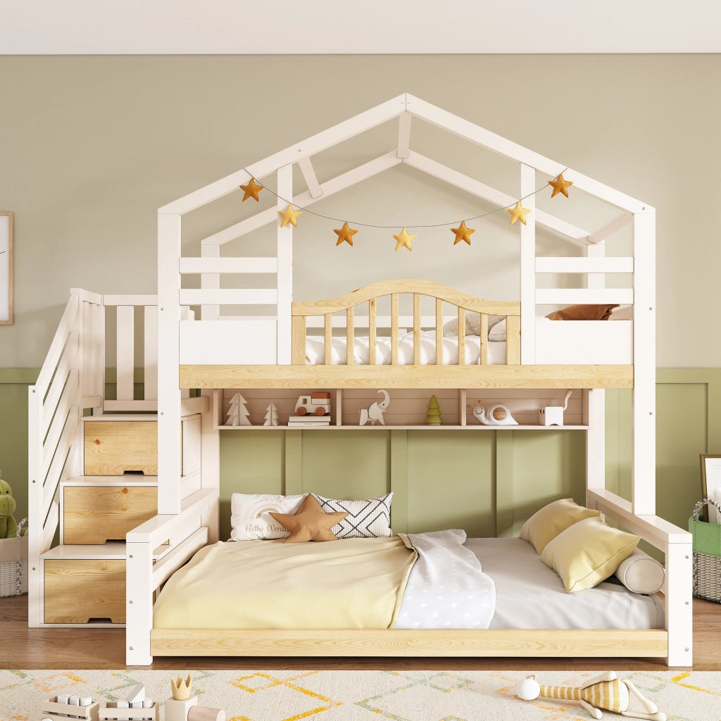 LETTO A CASTELLO 90x200/140x200 cm Bianco e Legno con scala-armadio