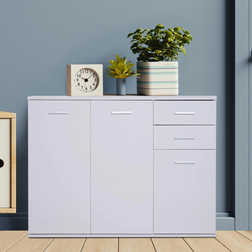 Armadietto con 3 Ante e 2 Cassetti in Legno Truciolato Bianco 106x35x76 cm
