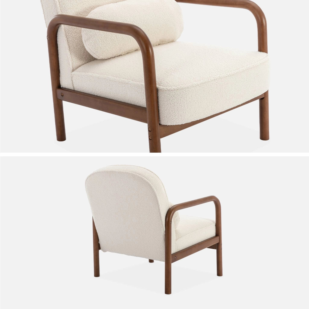 Poltrona scandinava in legno di hevea tinto noce, crema
