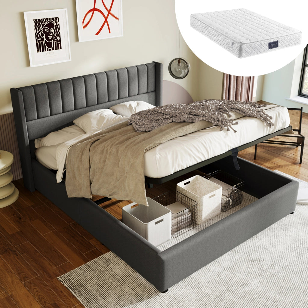 LETTO CONTENITORE SOLLEVABILE 140x200 cm Lino Grigio