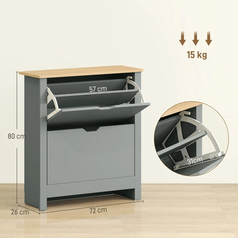 Scarpiera con 2 cassetti a ribalta e ripiano superiore, per ingresso, in legno, grigio chiaro, 72 × 26 × 80 cm