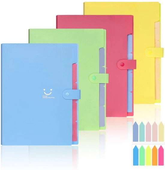 Mapa A4 Espandibile, 4-Pack Mapa con Compartimenti, Mapa Documenti A4 con 5 Compartimenti e 2 Note Adesive, Grande Capacità Mapa con Chiusura a Dado per Documenti, Bollette, Lettere, Ricette