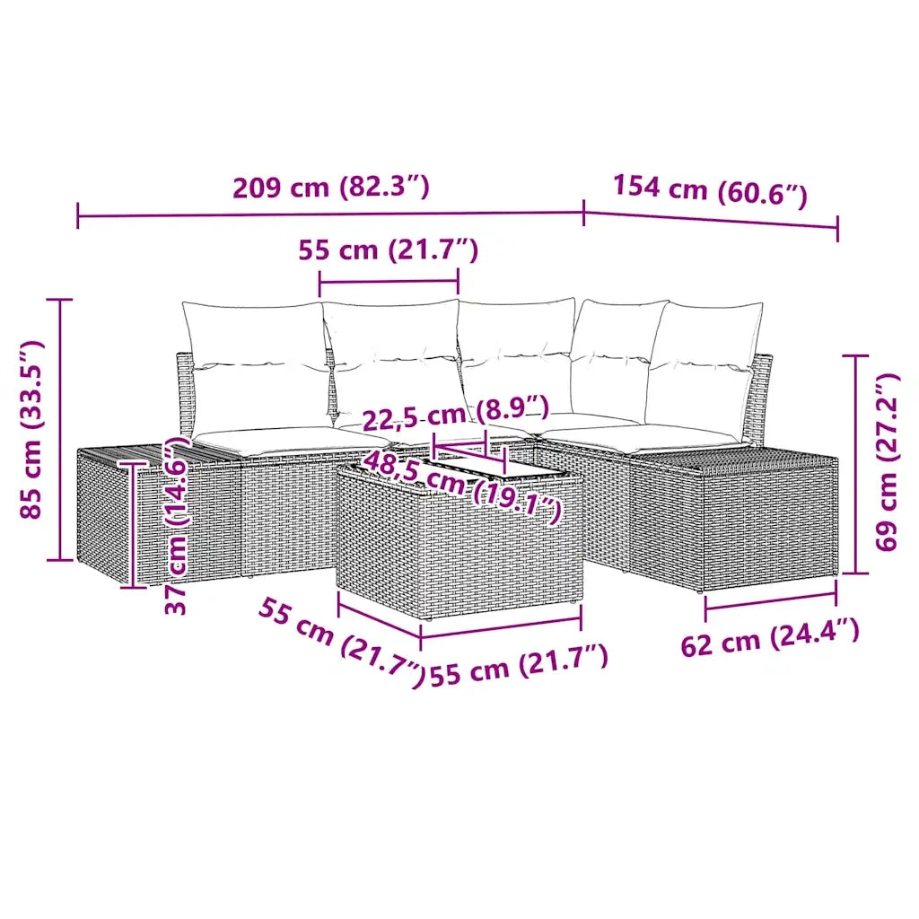 Set Divano da Giardino 5 pz | Set Salotto da Giardino Marrone polyrattan
