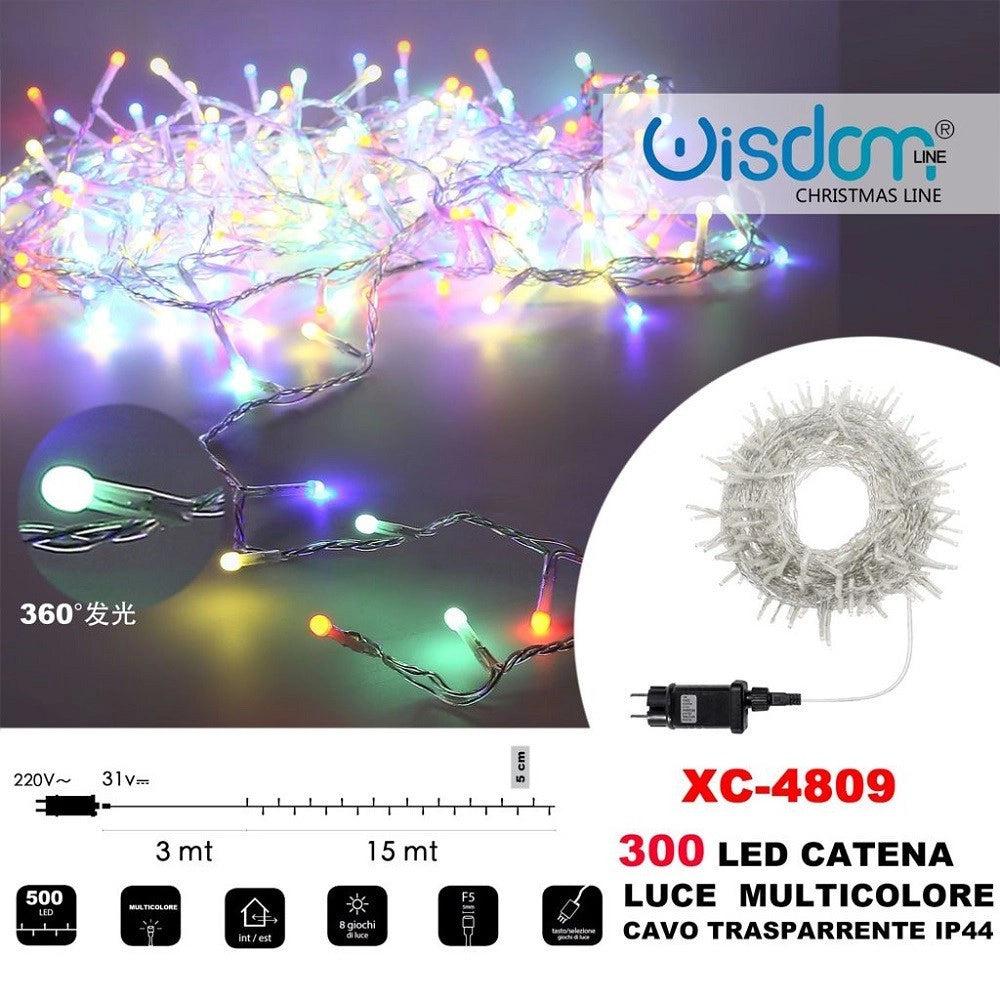 Trade Shop - Catena Luminosa 300 Luci Led Lucciole Luce Multicolore Cavo Trasparente Xc-4809 -