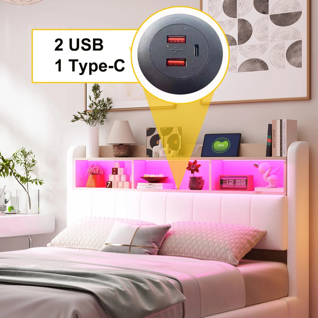 LETTO sospeso 140x200 cm beige in tessuto con LED, USB e Type-C