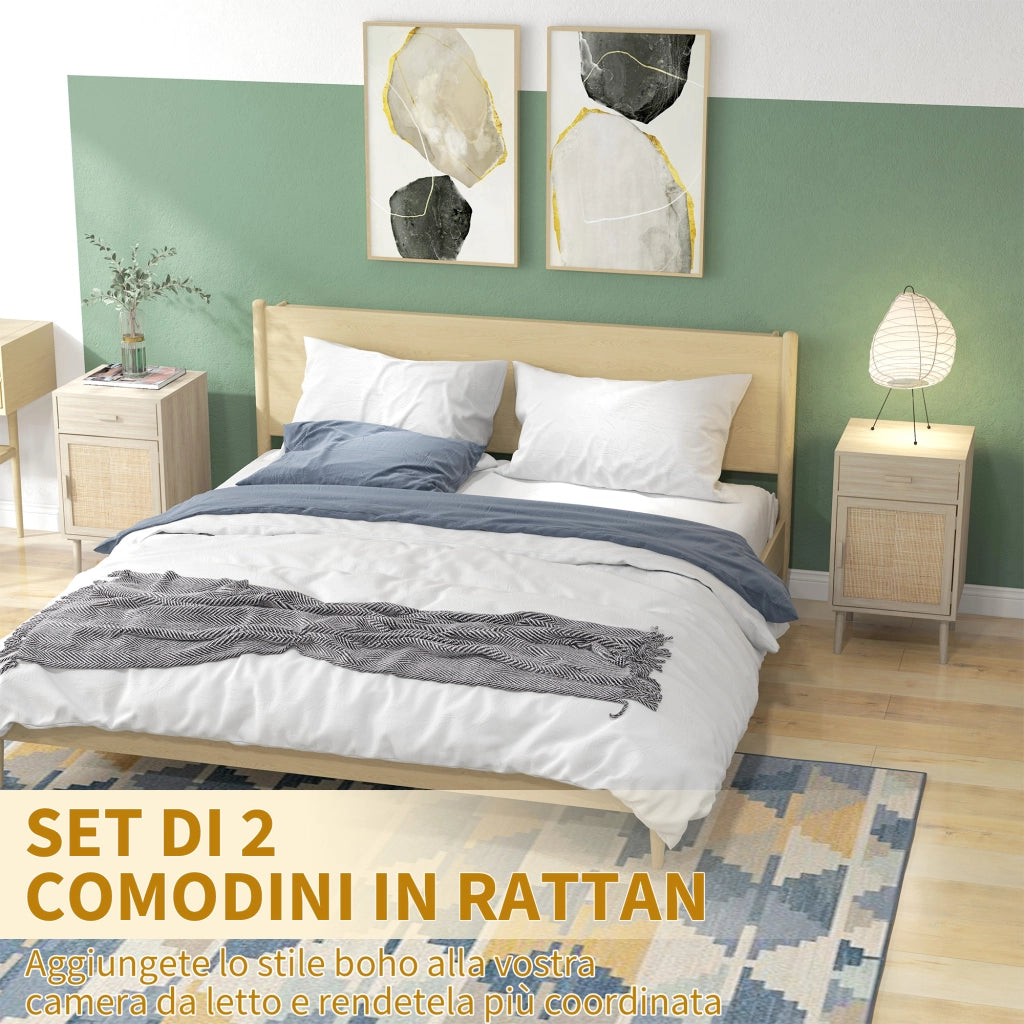 Comodini Camera da Letto ¨C Minimal ¨C Rattan Legno 2 Pezzi