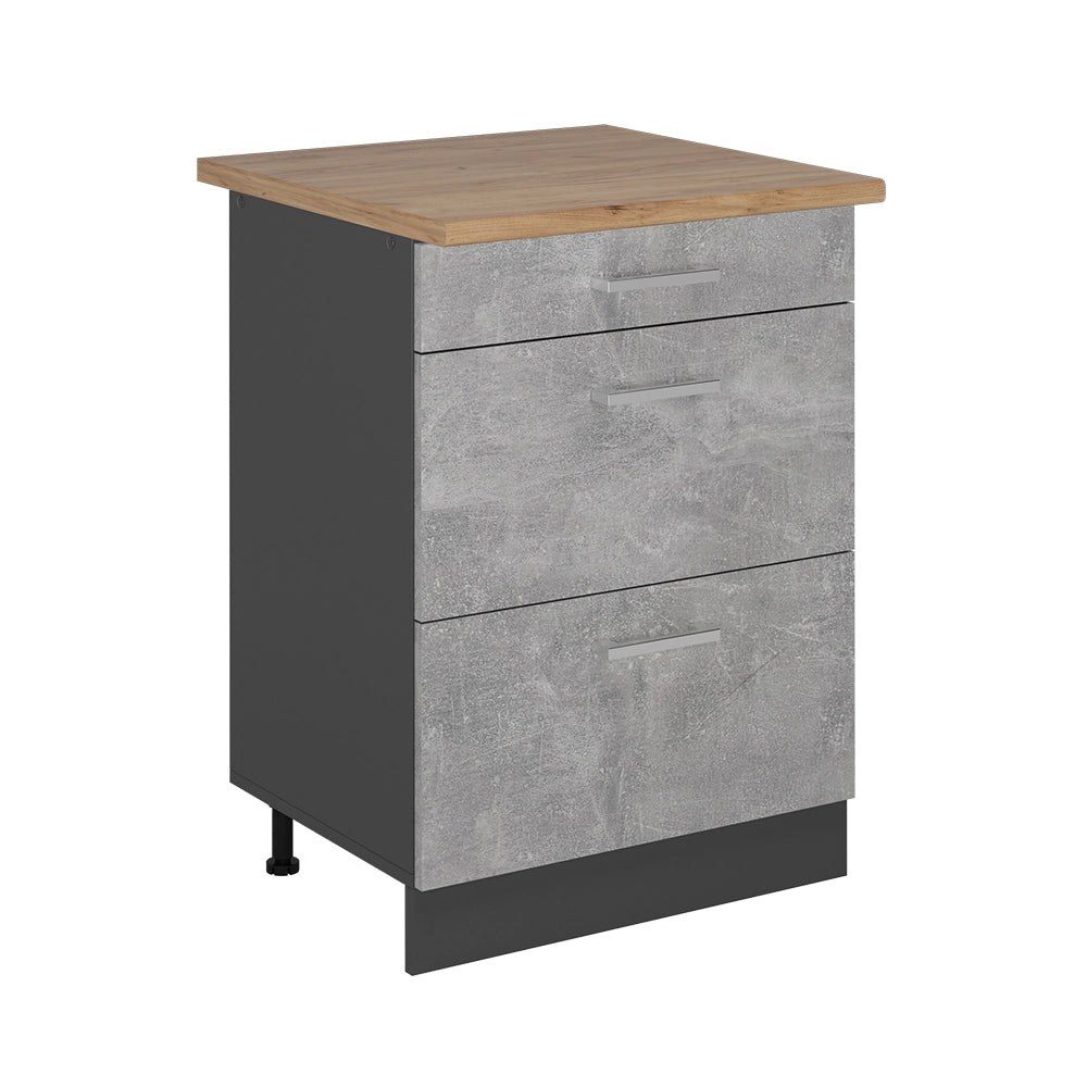 Vicco Mobiletto base per cucina Calcestruzzo 60 cm con cassetti, PL Rovere