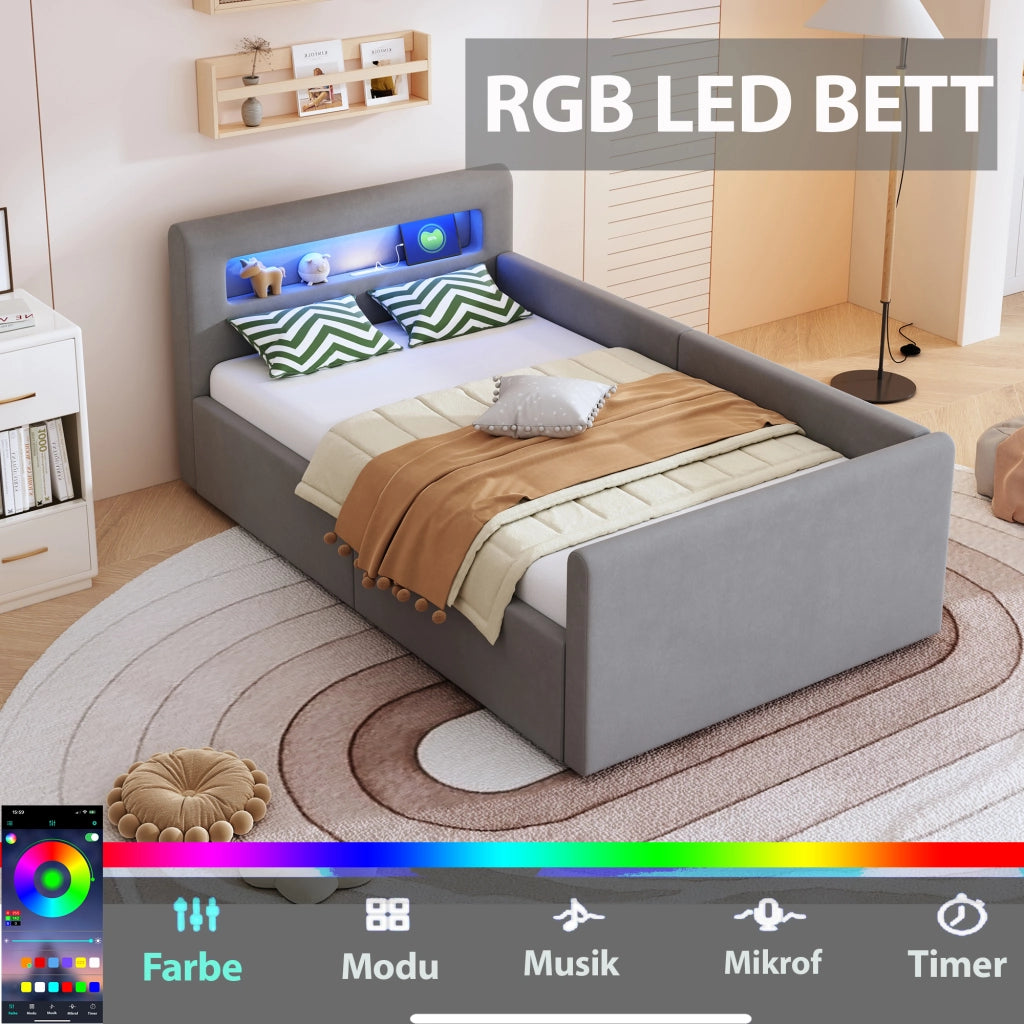 LETTO imbottito 90x200 cm in velluto grigio con LED, USB e contenitore idraulico