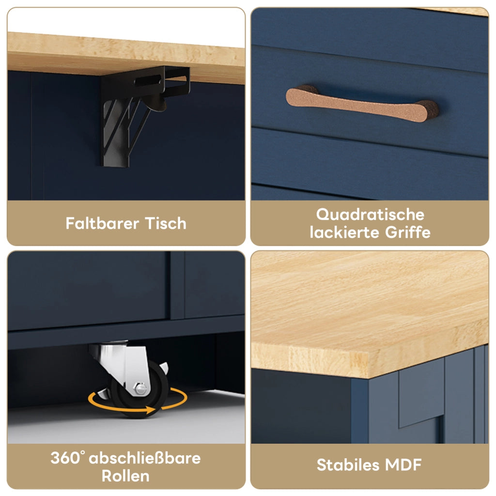 Isola da cucina portatile con tavolo ribaltabile; prese AC e USB; ante in vetro; blu e legno; 120x40(65)x92 cm