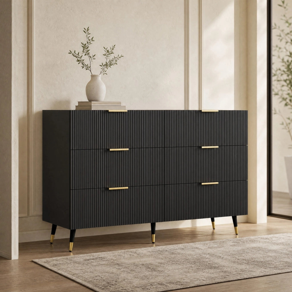 Credenza moderna nera e oro con 6 cassetti, 120x40x77 cm, design minimalista