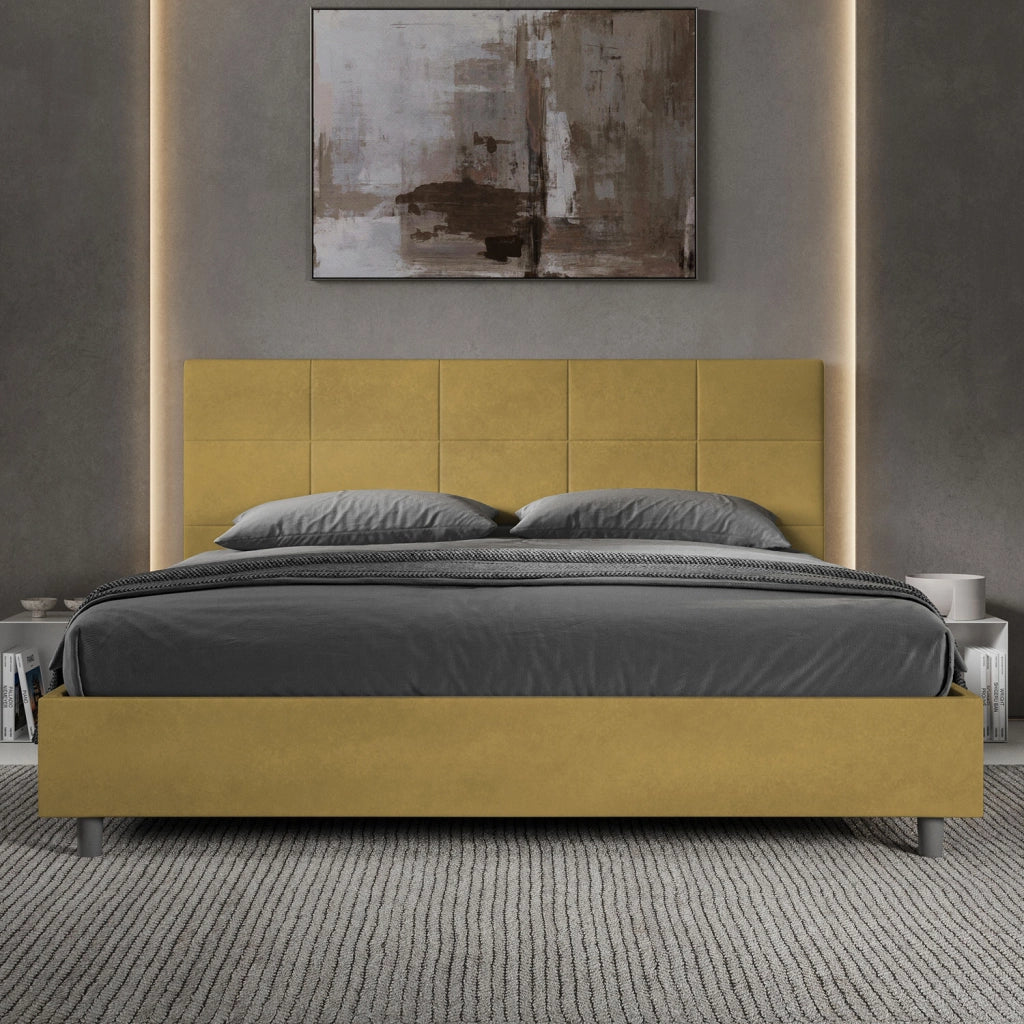 BS COM Letto matrimoniale king size contenitore imbottito 200x200 microfibra ocra