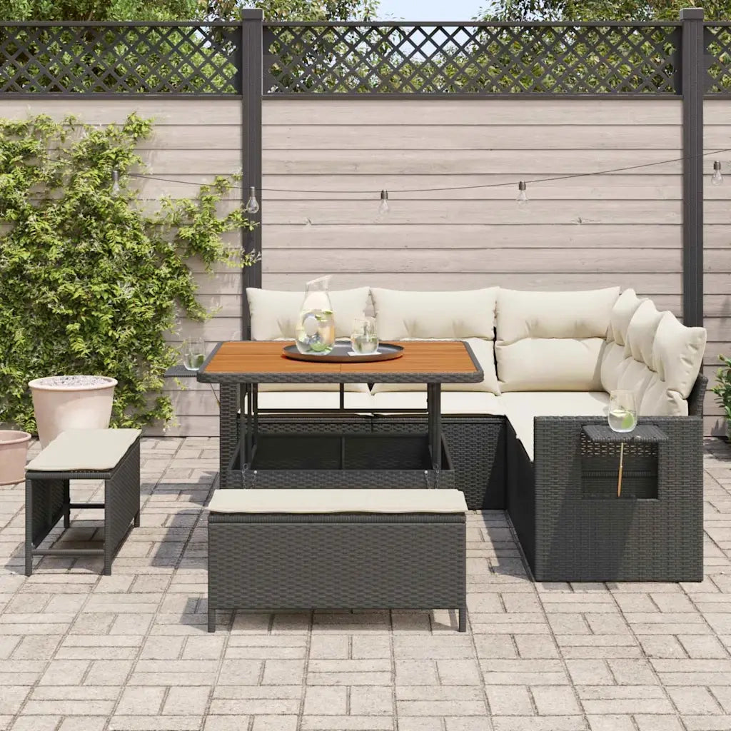 Set Divano da Giardino 9 pcs Nero e Crema polyrattan