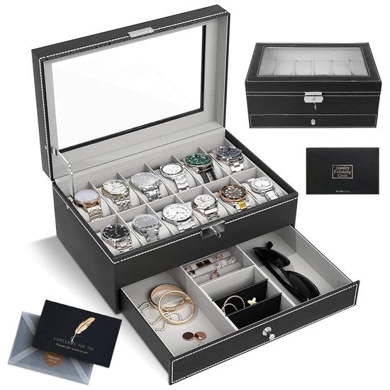 Cassaforte per orologi 12 fessure - Luxe box orologi - Nero PU - Organizzatore orologi - Adatto per orologi/anelli - Coperchio in vetro