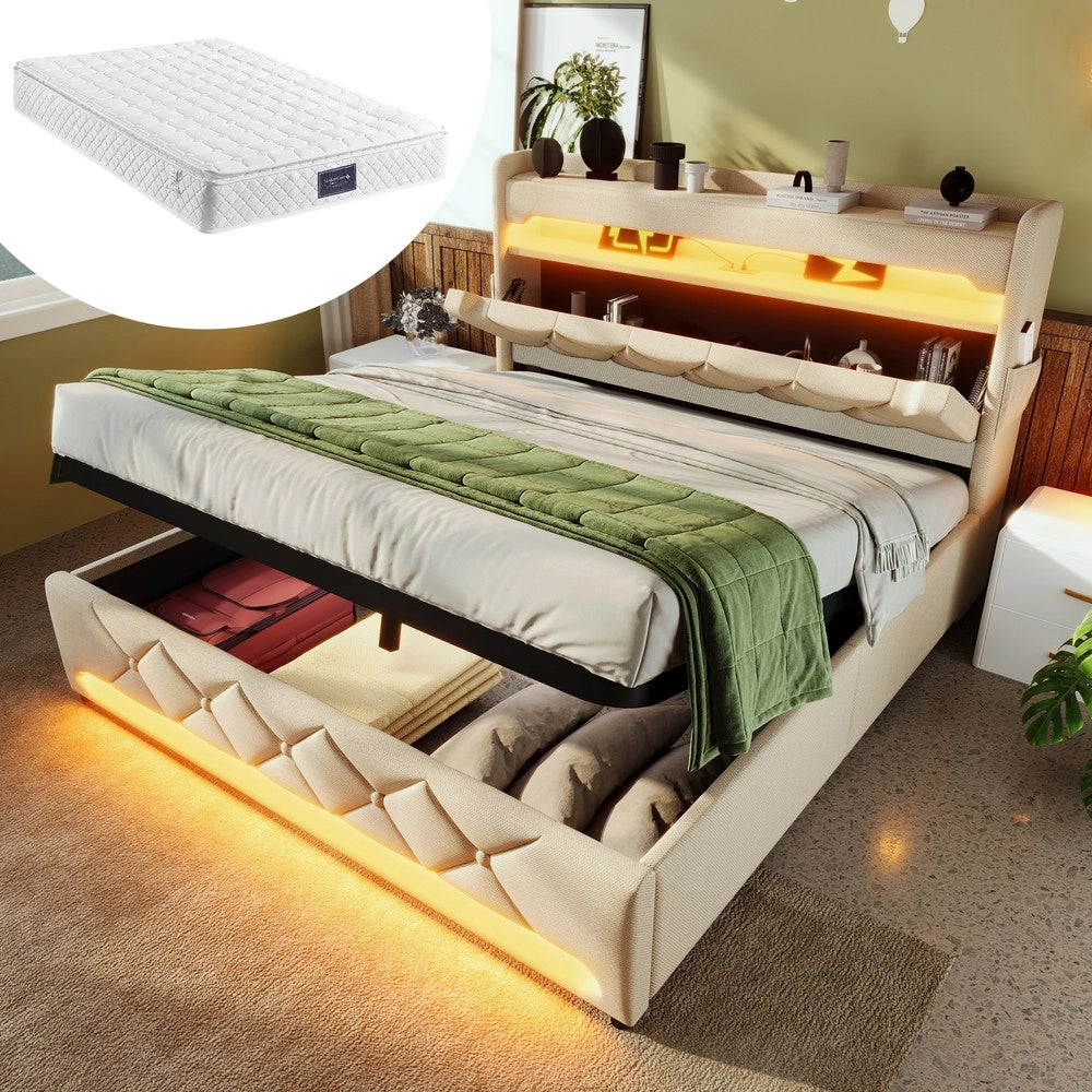 Letto Contenitore Matrimoniale Imbottito con LED e USB ¨C MINIMAL ¨C Beige 160x200