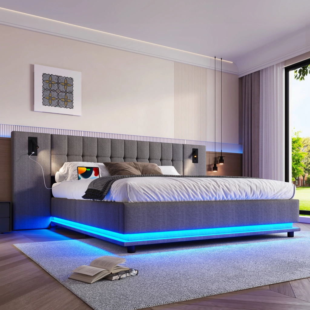 LETTO Imbottito 180x200 cm Grigio con LED, USB e spot, senza materasso