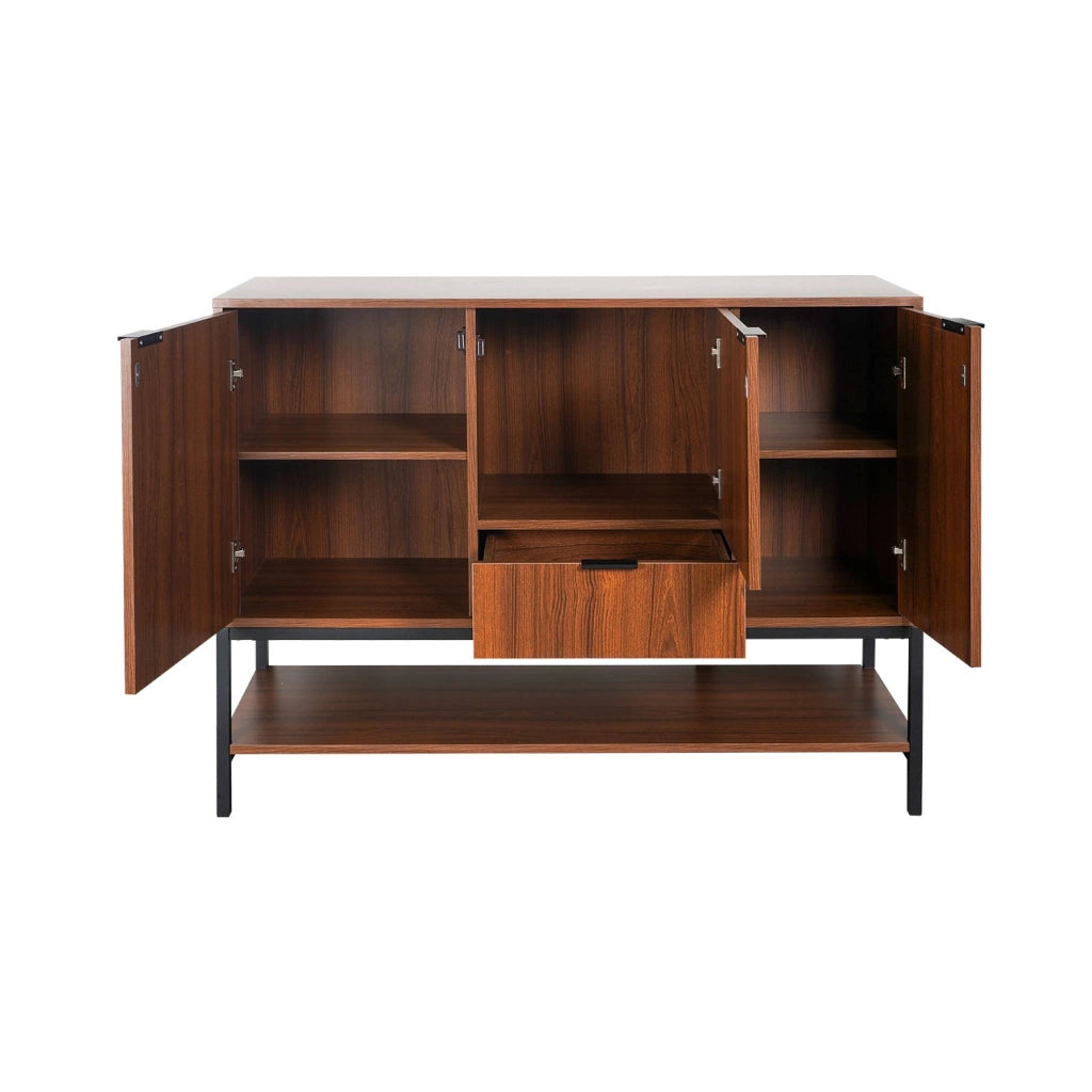 Credenza effetto legno tinto noce e metallo a 3 ante, 110cm, noce