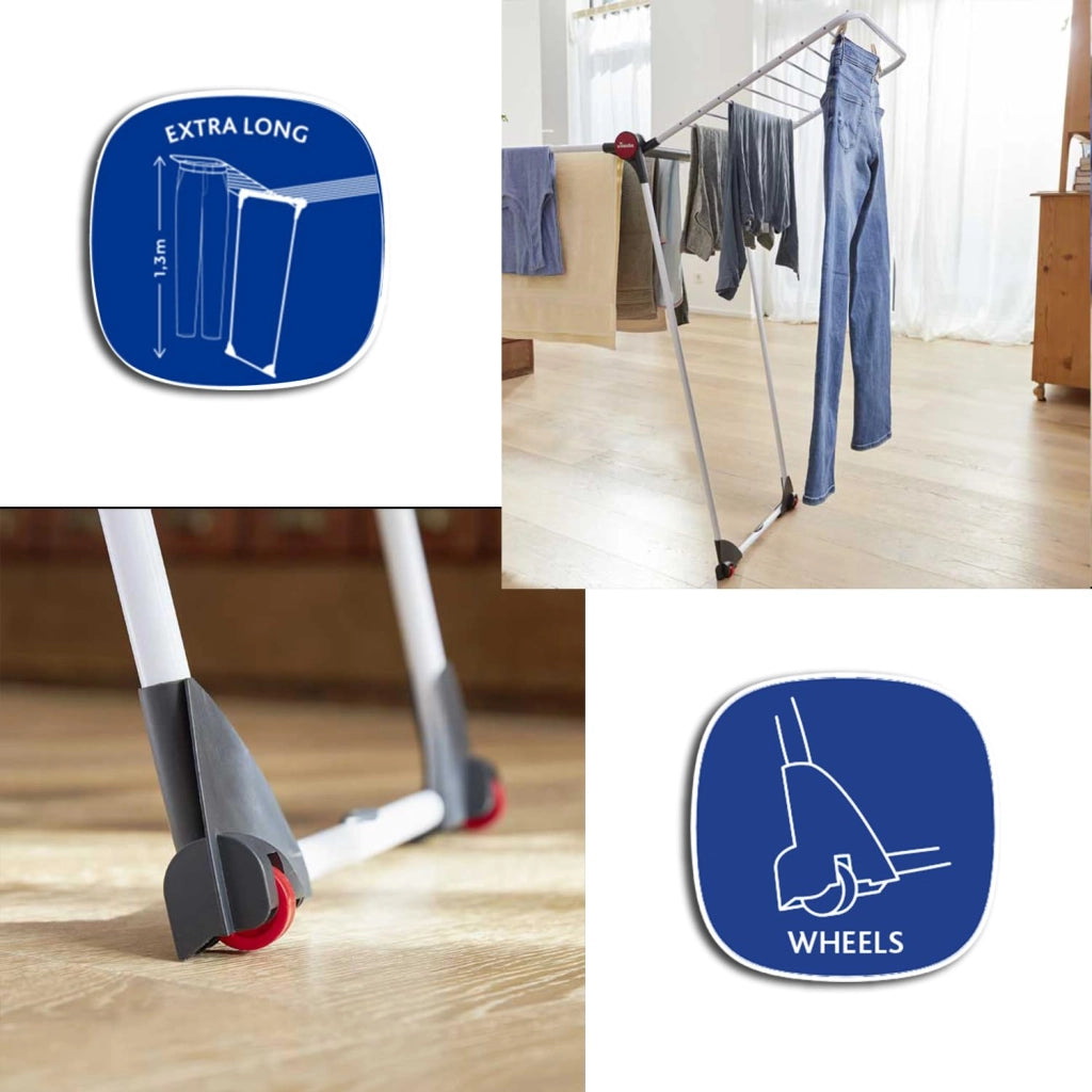Stendino Infinity Flex Plus in Acciaio Verniciato Estensibile fino a 2 Metri con Ali Alte e Ruote Vileda