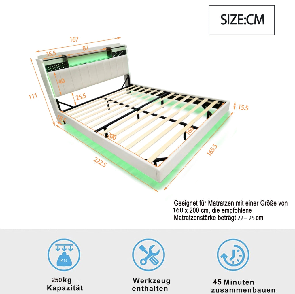 Letto matrimoniale imbottito 160x200 con LED, USB e contenitore
