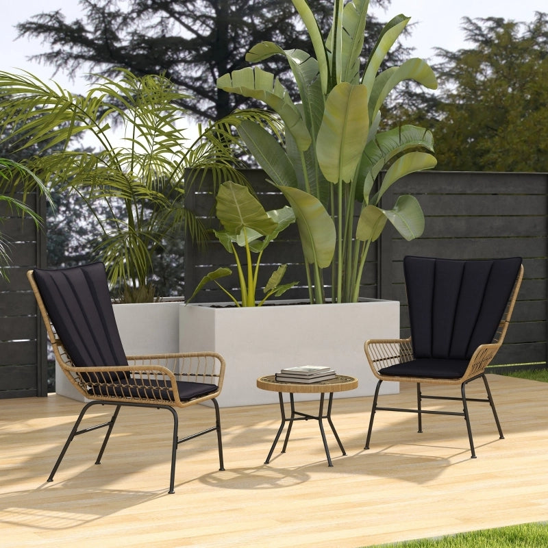 OKWISH Set da 3 Sedie da Giardino con 2 Poltrone, Tavolino Rotondo, Cuscini e Rattan Nero