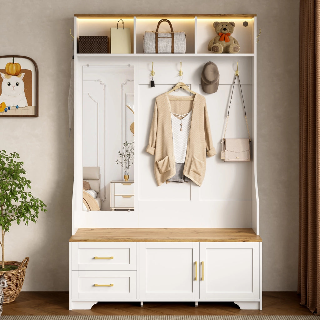 Armadio guardaroba da ingresso con scarpiera, specchio, LED, ganci e cassetti 120x40x187 cm bianco effetto legno